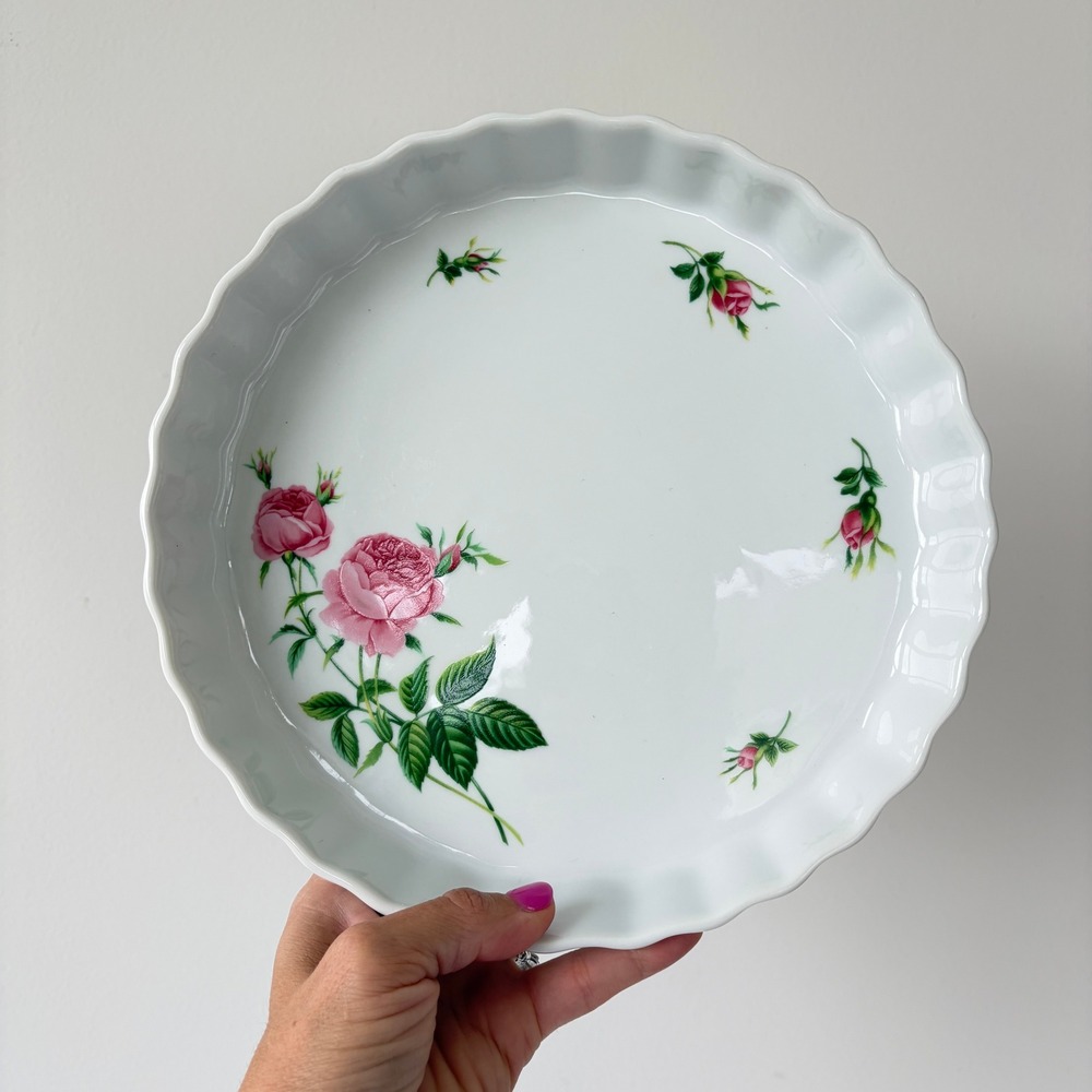 Christineholm Rose Porcelain Quiche Tart Dish White Pink Floral Fluted 9.5 inch
